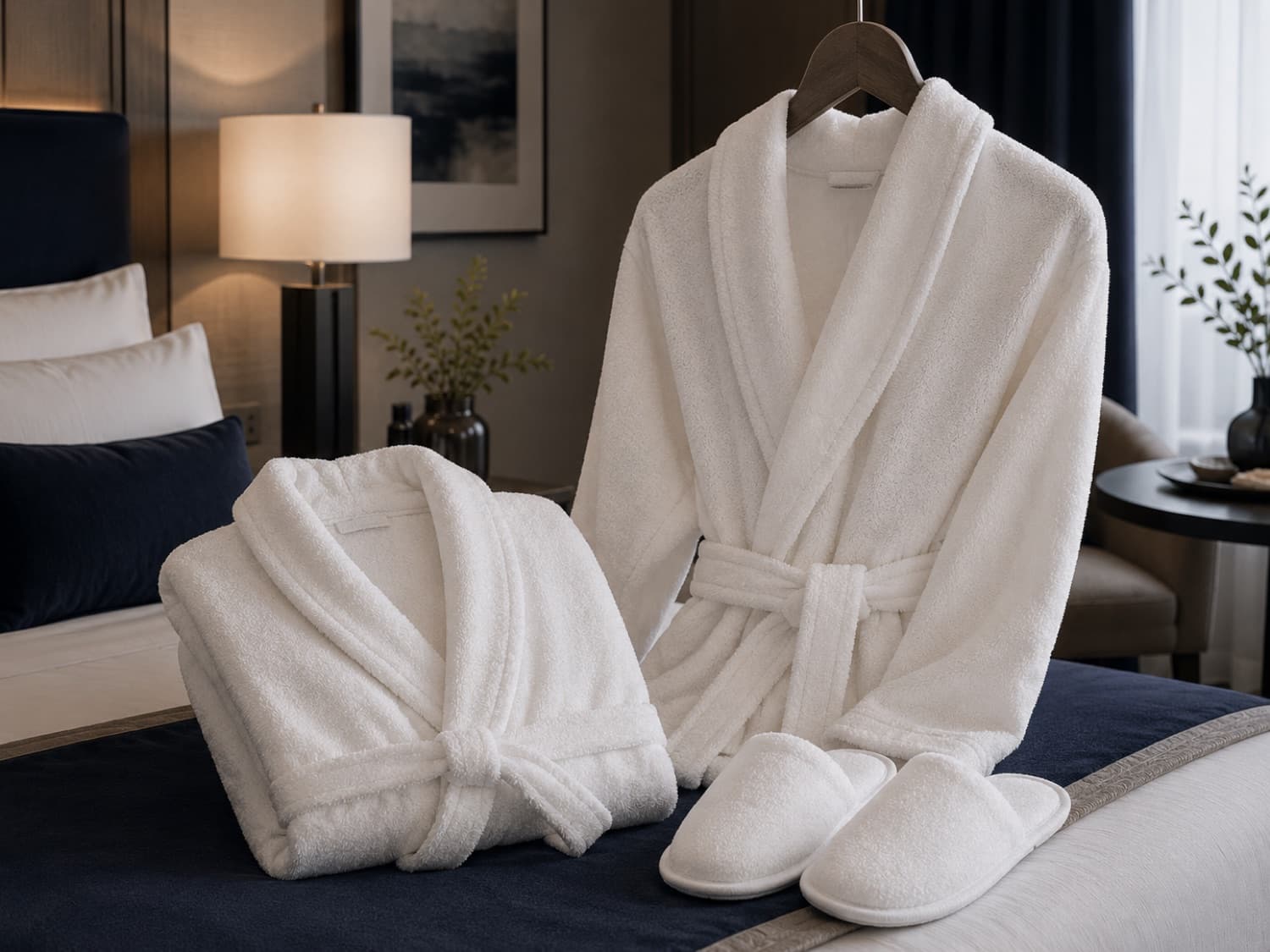 White bathrobes and slippers laid out on a bed