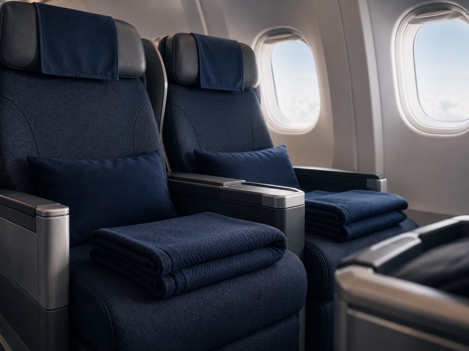 Folded AIRLOOM blankets on airline cabin seats