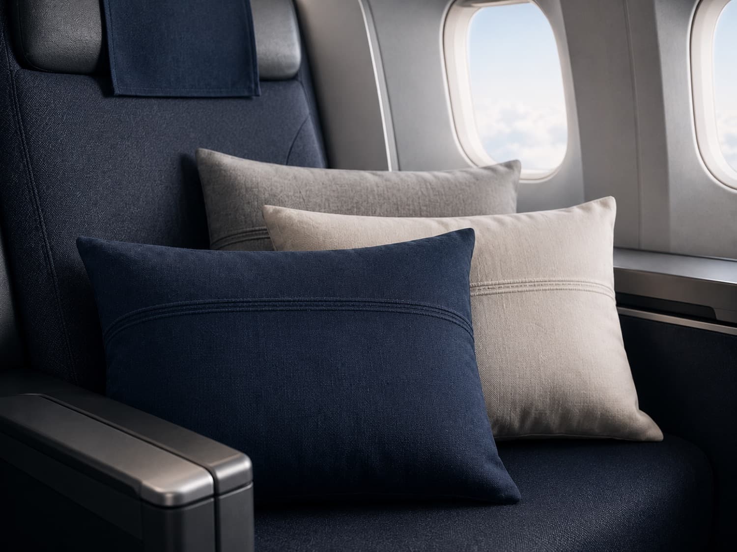 Navy and cream pillow covers on an airline cabin seat
