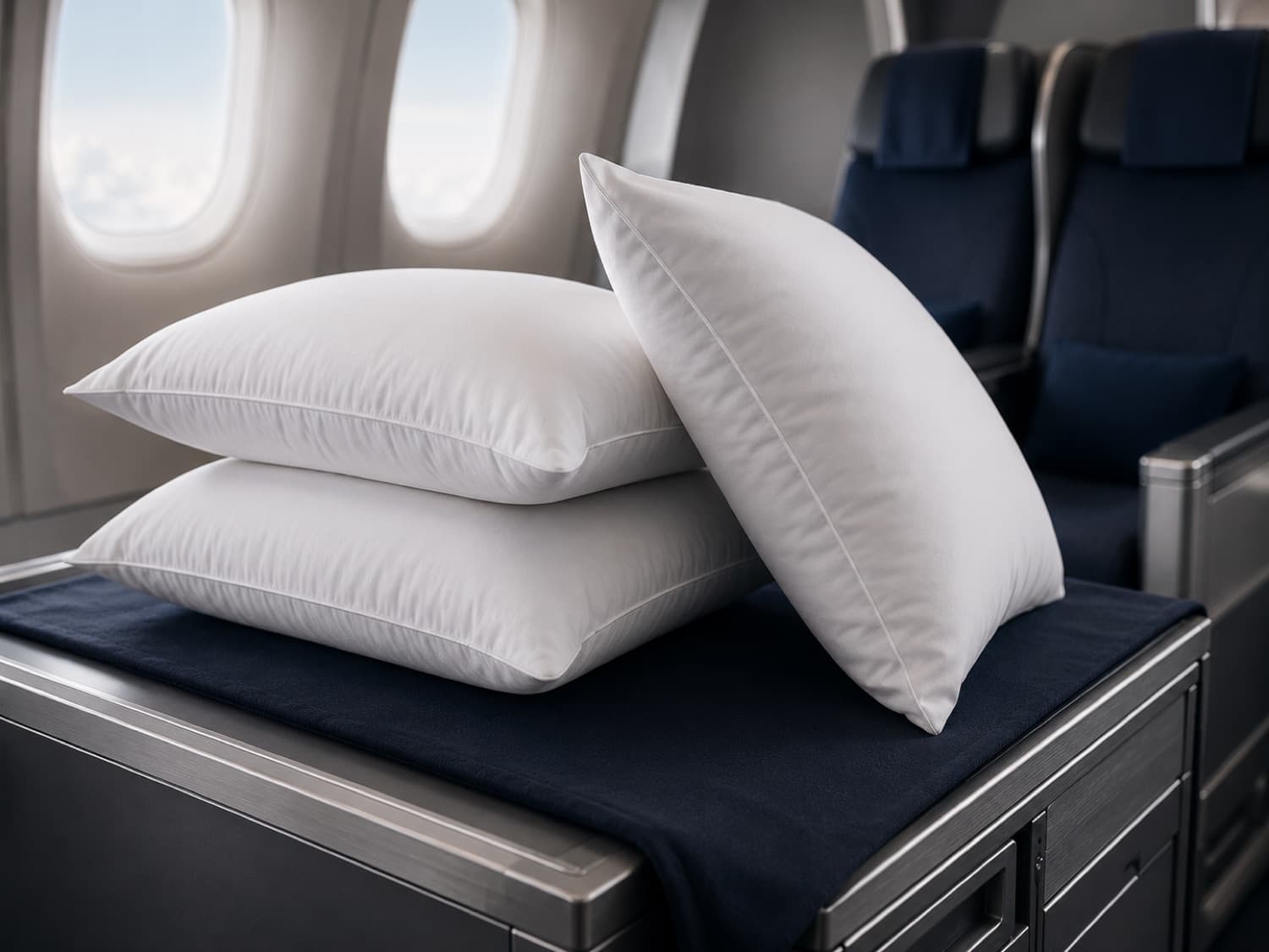 White AIRLOOM pillow inners in an airline cabin