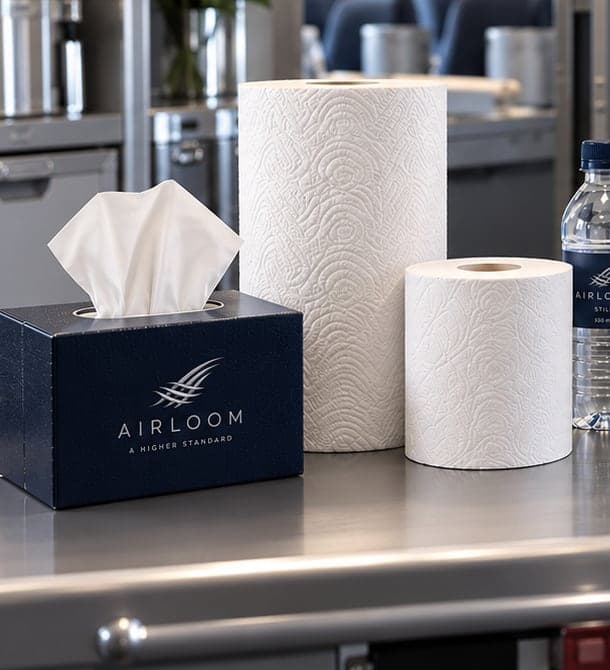 AIRLOOM branded tissue box, kitchen paper, and toilet roll on an aircraft galley counter