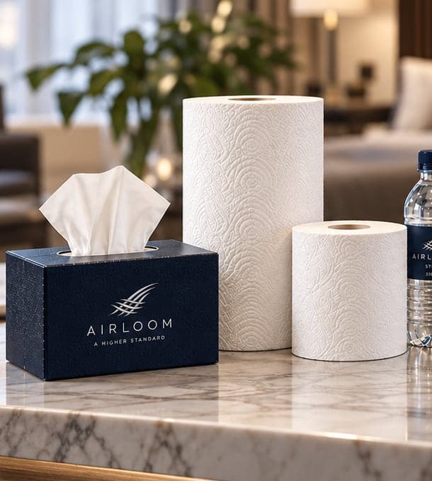 AIRLOOM branded tissue box, kitchen paper, and toilet roll on a marble counter in a hotel suite