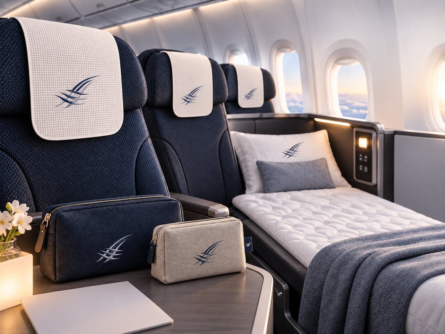 AIRLOOM headrest covers, amenity pouches, and a quilted mattress pad in a business-class cabin