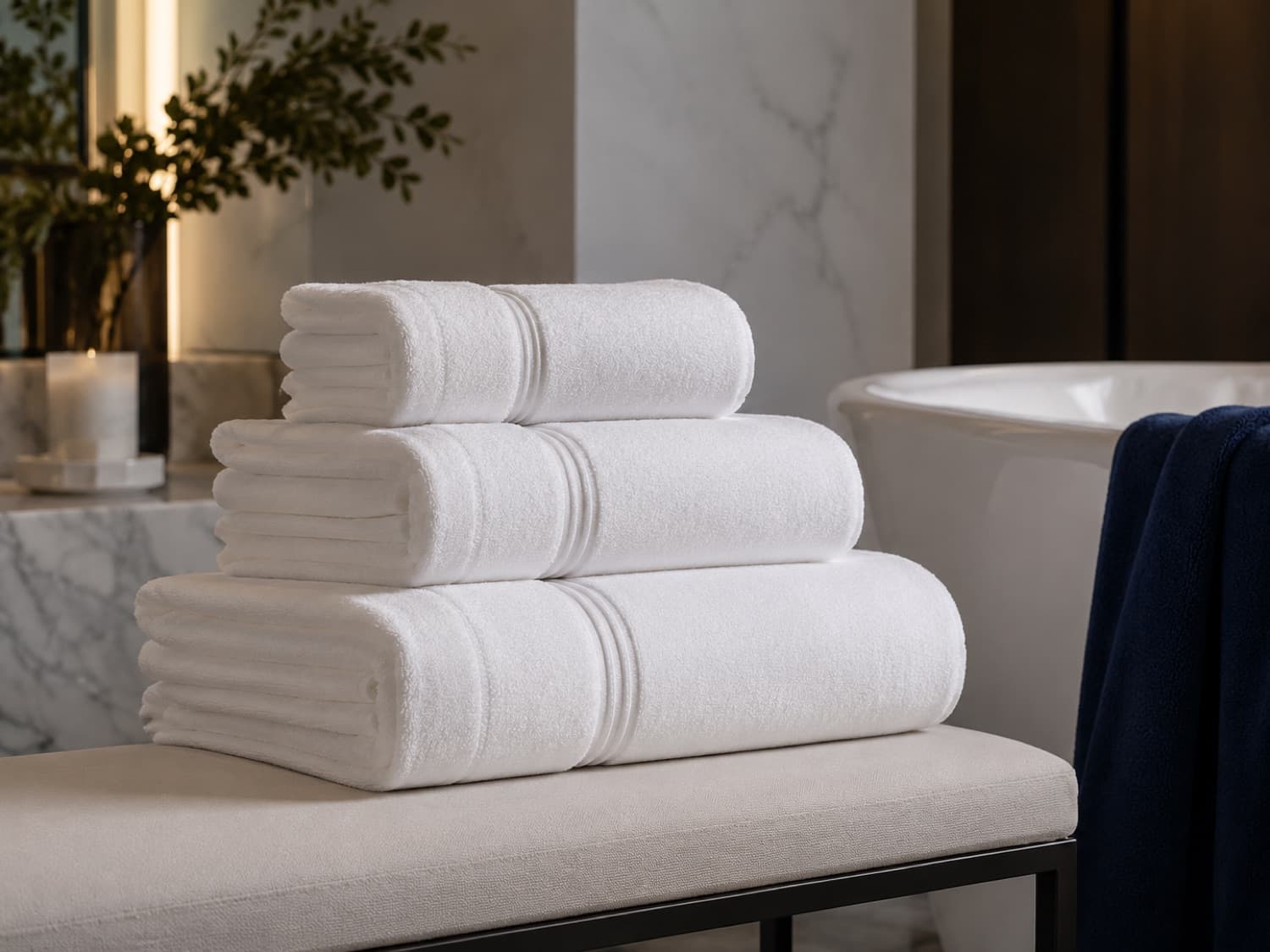 A stack of folded white towels in a marble bathroom