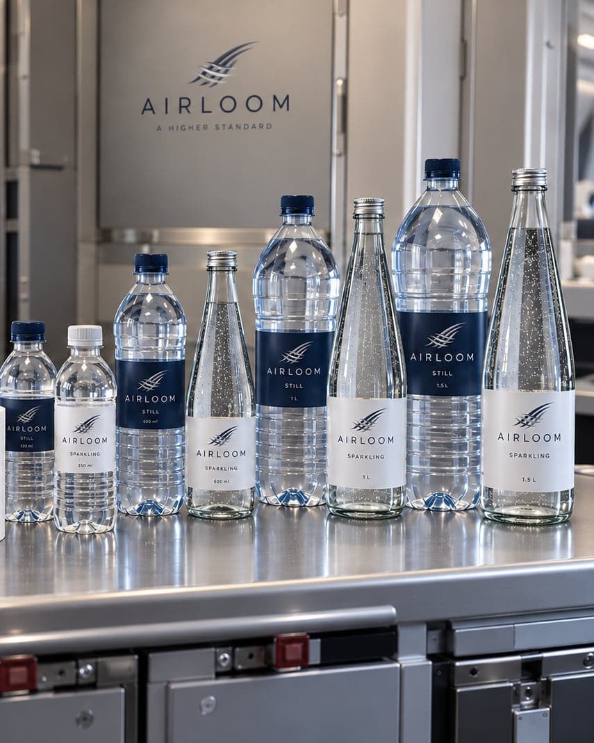 AIRLOOM still and sparkling bottled water in plastic and glass, 330 ml through 1.5 L