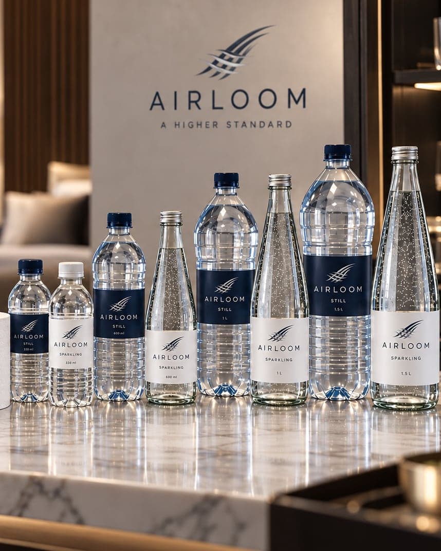 AIRLOOM still and sparkling bottled water in plastic and glass, 330 ml through 1.5 L